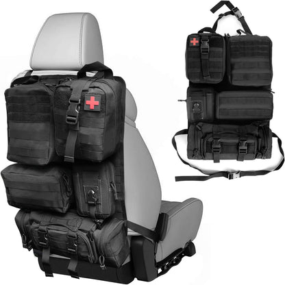 Universal Vehicle Seat Back Organizer with Molle Panel and 5 Detachable Pouches - Includes Waist Pack, Medical Kit, and Tool Pouches for Enhanced Organization