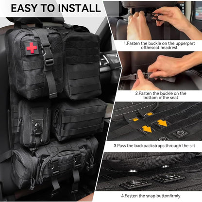 Universal Vehicle Seat Back Organizer with Molle Panel and 5 Detachable Pouches - Includes Waist Pack, Medical Kit, and Tool Pouches for Enhanced Organization