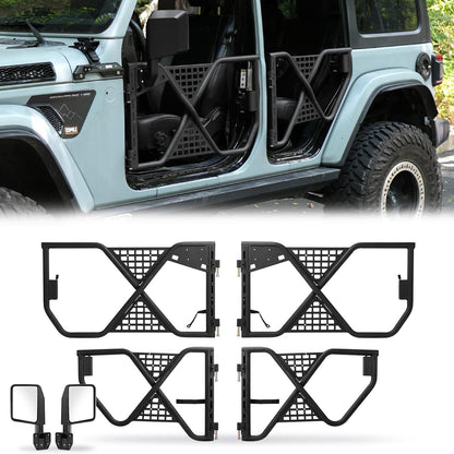 Durable Tube Doors for 2018-2024 Jeep Wrangler JL, JLU & Gladiator JT 4XE: Safari-Style Half Doors with Integrated Side View Mirror for Off-Road Adventures