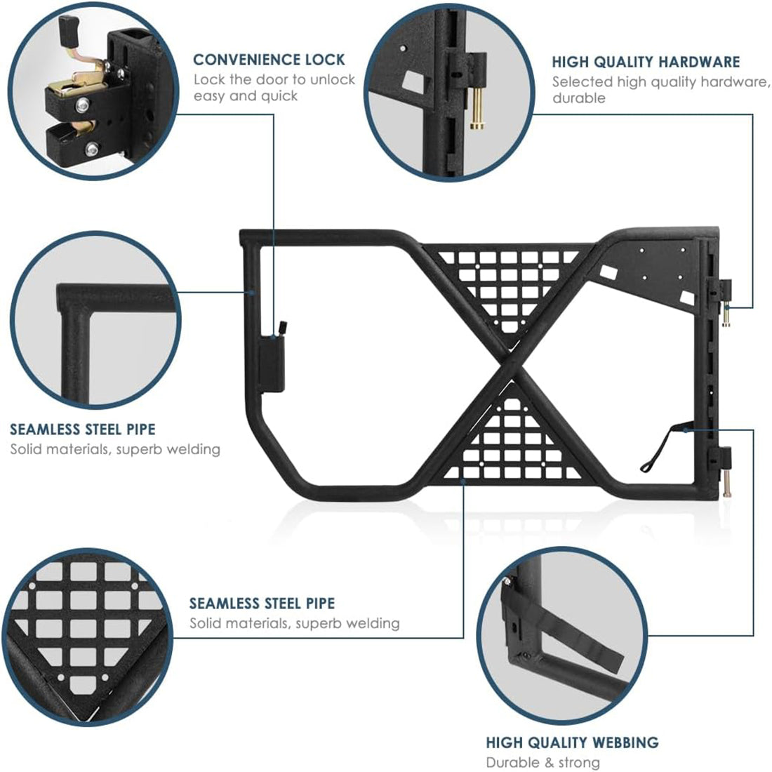 Durable Tube Doors for 2018-2024 Jeep Wrangler JL, JLU & Gladiator JT 4XE: Safari-Style Half Doors with Integrated Side View Mirror for Off-Road Adventures