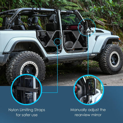 Durable Tube Doors for 2018-2024 Jeep Wrangler JL, JLU & Gladiator JT 4XE: Safari-Style Half Doors with Integrated Side View Mirror for Off-Road Adventures