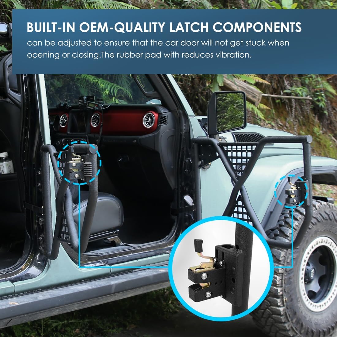 Durable Tube Doors for 2018-2024 Jeep Wrangler JL, JLU & Gladiator JT 4XE: Safari-Style Half Doors with Integrated Side View Mirror for Off-Road Adventures