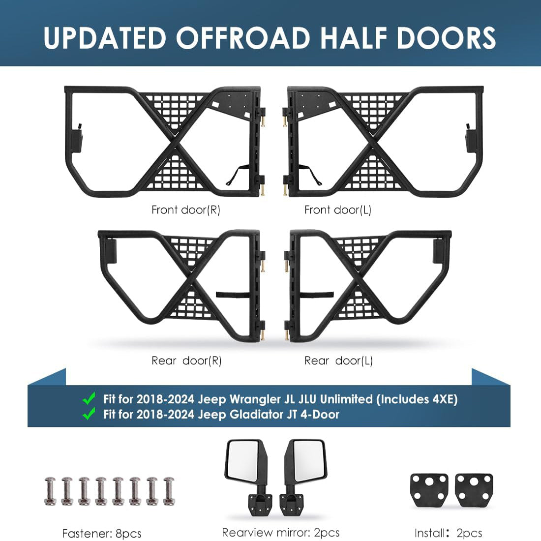 Durable Tube Doors for 2018-2024 Jeep Wrangler JL, JLU & Gladiator JT 4XE: Safari-Style Half Doors with Integrated Side View Mirror for Off-Road Adventures