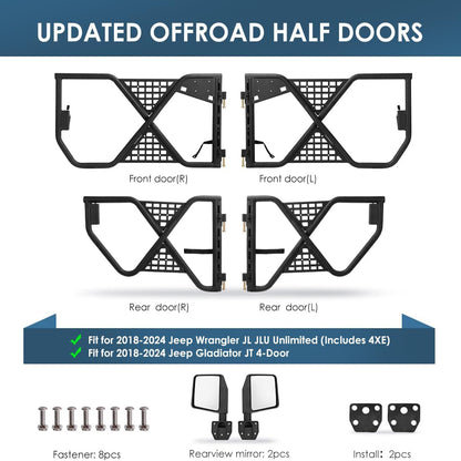 Durable Tube Doors for 2018-2024 Jeep Wrangler JL, JLU & Gladiator JT 4XE: Safari-Style Half Doors with Integrated Side View Mirror for Off-Road Adventures