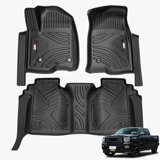 Floor Mats for Chevy Silverado & GMC Sierra 1500 (2019-2020), SLV/SRA 2500/3500 HD Crew Cab (2020-2025) - All-Weather TPE Car Liners, 3-Piece ,1st & 2nd Row