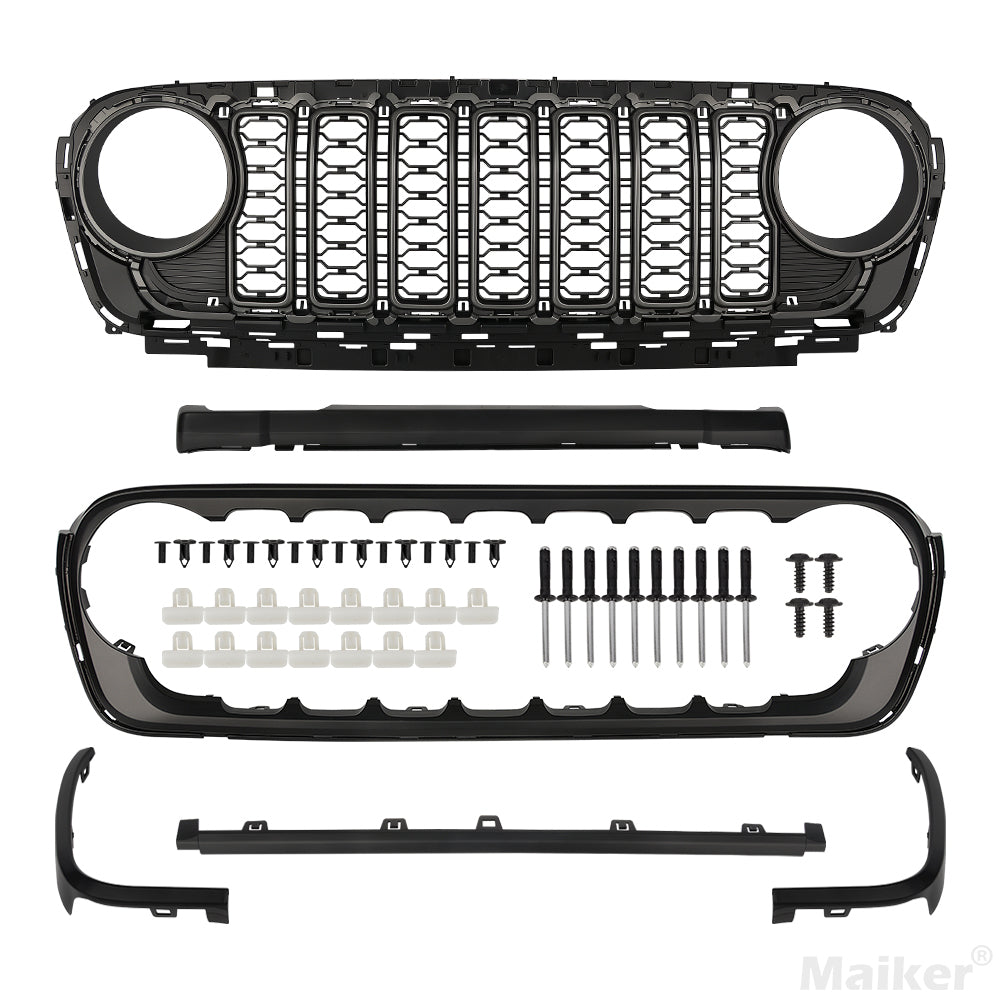 Front Mesh Grille Grid Grill for 2018-2024 Jeep Wrangler Rubicon Sahara Sport JL/JT Without Camera Hole Black Plastic