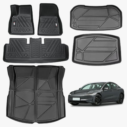 2023 New Version Tesla Model 3 Highland Floor Mats Custom Fit All Weather TPE Cargo Liner Cargo Trunk Accessories,Compatible 2021-2023Tesla Model 3 (2023 Model 3 Full Floor Mat Kit Set of 6)