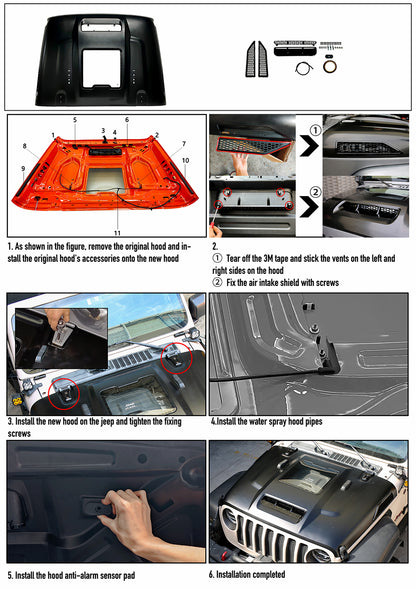 Replacement Hood Vented Heat Dispersion for 2018-2024 Jeep Wrangler JL JLU 2020-2024 Gladiator JT 2/4 Door