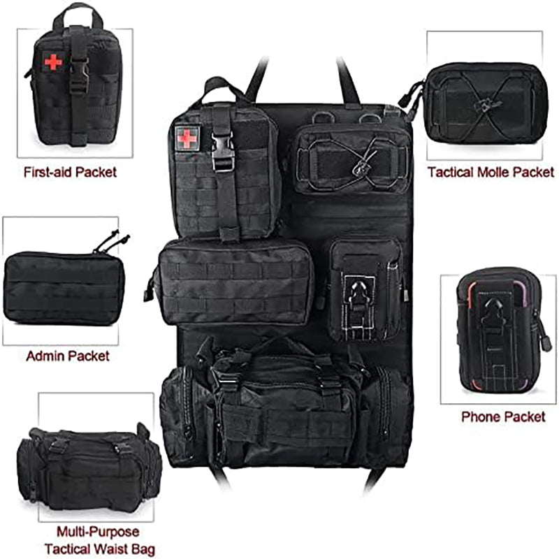 Universal Tactical Vehicle Back Seat Organizer with 5 Detachable Pouches - Medical, Phone, and Admin Storage Bags with Multi-Pockets