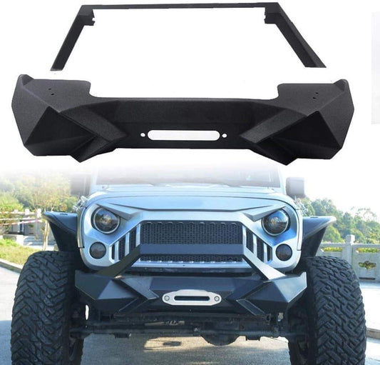 Heavy-Duty Front Bumper with Winch Plate for Wrangler JK (2007-2018)JL - Robust Black Textured Manganese Steel Construction, Ideal for On and Off-Road Adventures