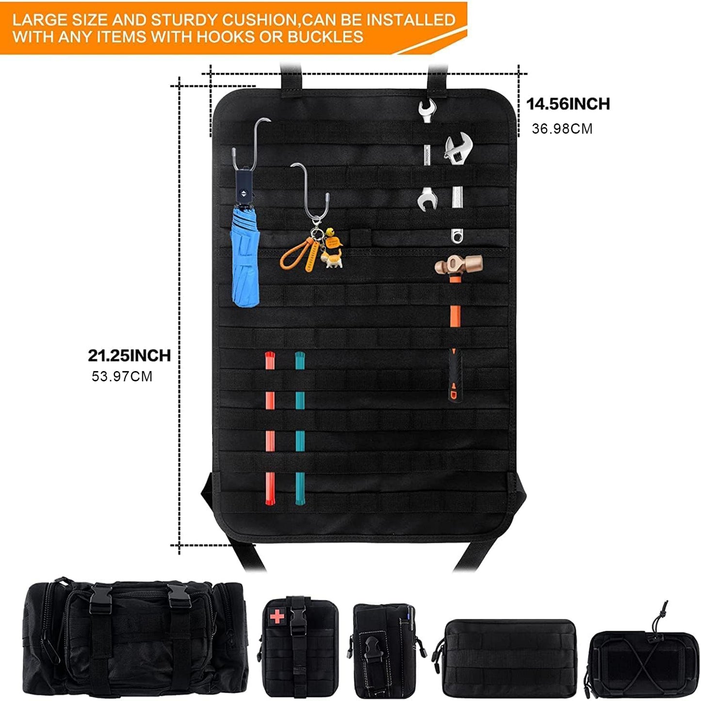 Universal Tactical Vehicle Back Seat Organizer with 5 Detachable Pouches - Medical, Phone, and Admin Storage Bags with Multi-Pockets