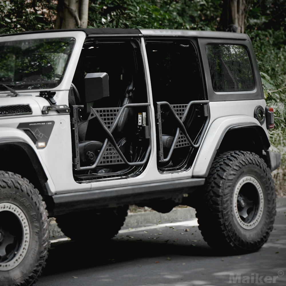 Durable Tube Doors for 2018-2024 Jeep Wrangler JL, JLU & Gladiator JT 4XE: Safari-Style Half Doors with Integrated Side View Mirror for Off-Road Adventures