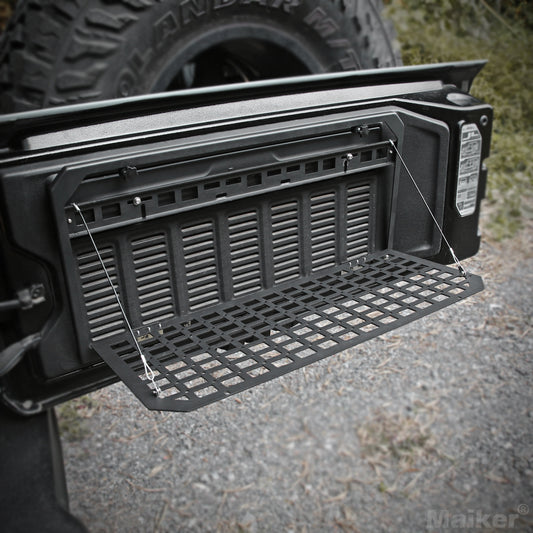 Tailgate Table Rear Foldable Cargo Shelf Aluminum Alloy Storage Shelf MOLLE Panel for Jeep Wrangler JK JKU JL JLUexcluding vehicles with speakers in the tailgate, like the 2-door Jeep Rubicon)