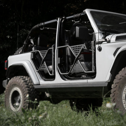 Durable Tube Doors for 2018-2024 Jeep Wrangler JL, JLU & Gladiator JT 4XE: Safari-Style Half Doors with Integrated Side View Mirror for Off-Road Adventures