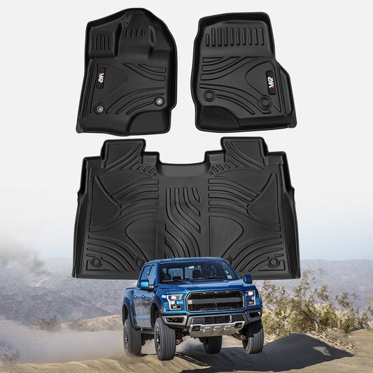 All-Weather TPE Truck Floor Mats for Ford F-150 2015-2024& F150 Lightning 2022-2024 SuperCrew (Rear w/o Fold Flat Storage) - Front and Rear Row, 3-Piece Set in Black