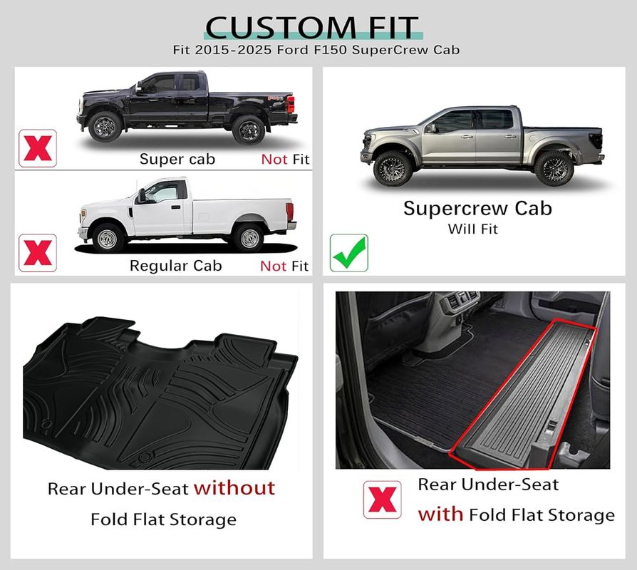 All-Weather TPE Truck Floor Mats for Ford F-150 2015-2024& F150 Lightning 2022-2024 SuperCrew (Rear w/o Fold Flat Storage) - Front and Rear Row, 3-Piece Set in Black